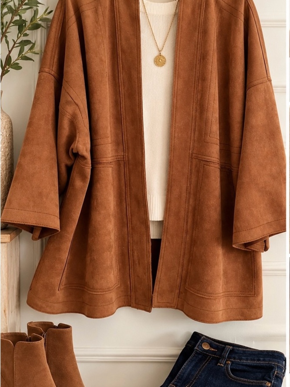 By Anthropologie Cognac Faux Suede Kimono Jacket - Size L - Picture 1 of 13